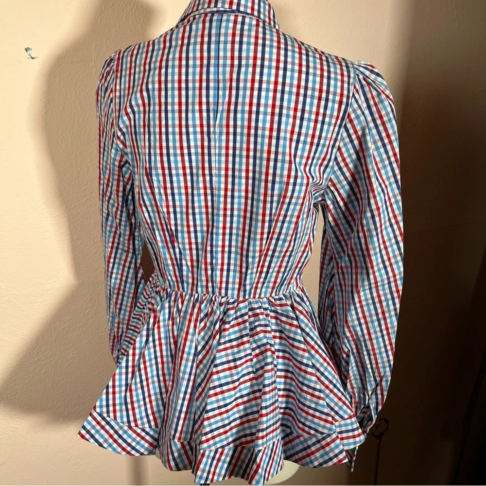 Greyson Gingham puff sleeve Peplum Feminine Western Buttondown shirt - Picture 7 of 17